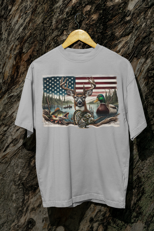 Buck Bird Bass American Flag Short Sleeve T-Shirt